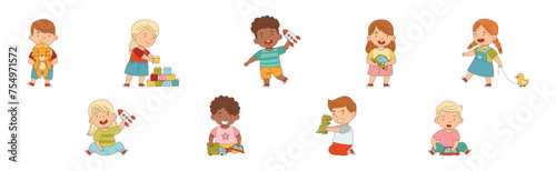 Little Boy and Girl Playing Toys in Playroom Vector Set