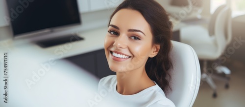 The woman in the dental chair is smiling, with her mouth wide open and eyebrows raised in a joyful gesture. Her eyes sparkle with happiness, and her peripheries twitch with fun