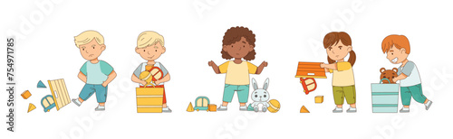 Little Boy and Girl Playing Toys in Playroom Vector Set
