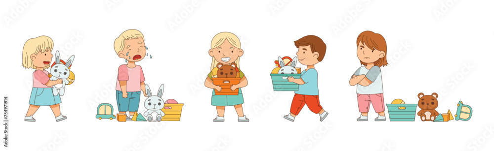 Little Boy and Girl Playing Toys in Playroom Vector Set Little Boy and Girl Playing Toys in Playroom Vector Set