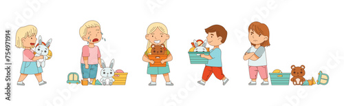 Little Boy and Girl Playing Toys in Playroom Vector Set