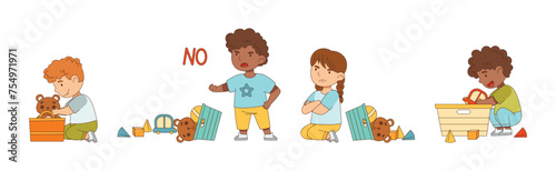 Little Boy and Girl Playing Toys in Playroom Vector Set