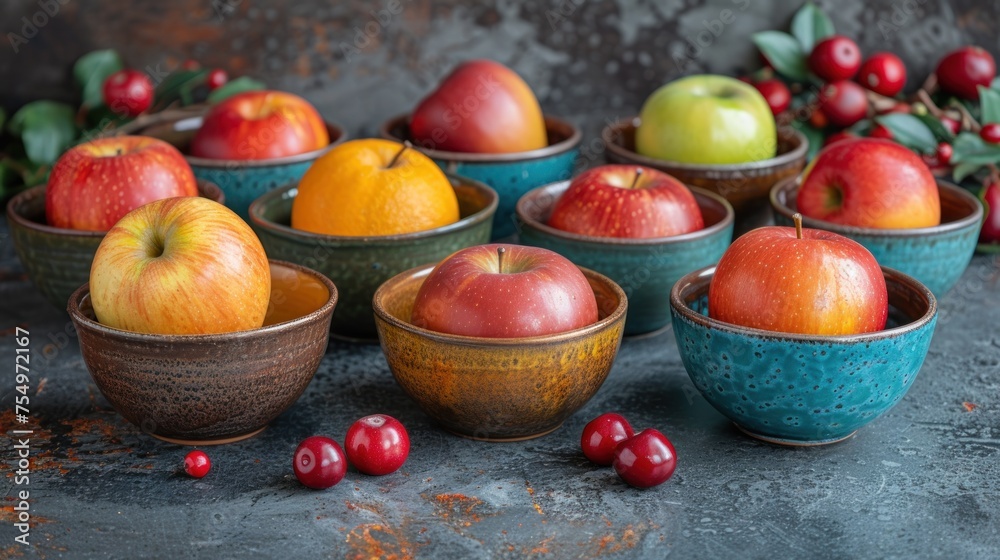 a group of bowls filled with apples and cranberries next to other bowls of apples and cranberries. a group of bowls filled with apples and cranberries next to other bowls of apples and cranberries.