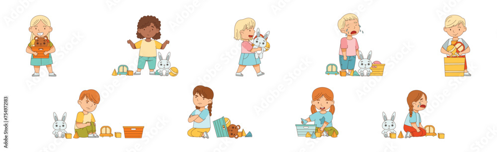 Little Boy and Girl Playing Toys in Playroom Vector Set Little Boy and Girl Playing Toys in Playroom Vector Set