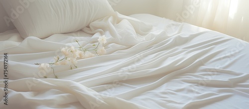 An unmade bed with white sheets and pillows in a bedroom setting. The rumpled sheets indicate a night of sleep. The image captures a moment of morning wakefulness.