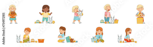 Little Boy and Girl Playing Toys in Playroom Vector Set