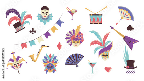 Set of colorful carnival illustrations. Masquerade elements - masks, instruments, decorations, drinks. Flat vector illustration.