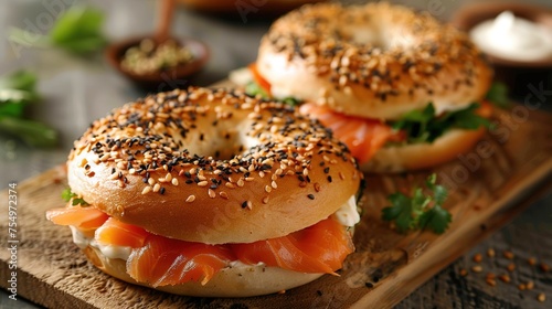 Freshly baked bagels served with dill cream cheese, salmon and cucumbers photo