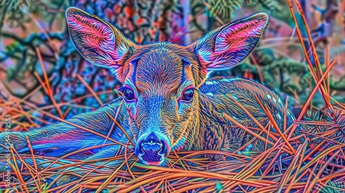 a close up of a deer laying in a field of grass with a background of trees and bushes in the background. photo