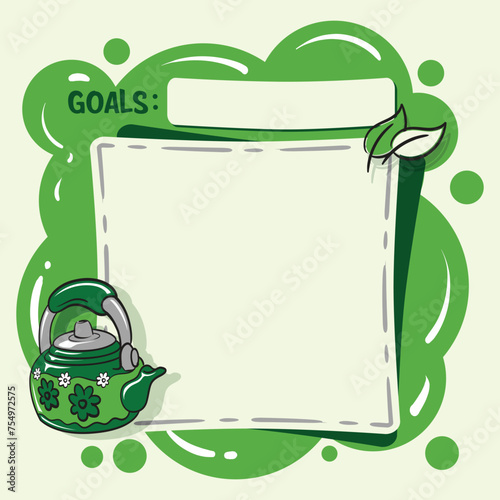 Printable cute note, with a kettle clipart, blank space as a writing space, and a couple of leaves that suitable for your menu sign, bookmark, and plan note.