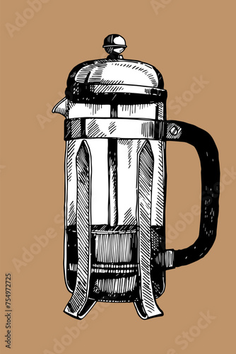 French press hand drawn sketch, vector illustration 