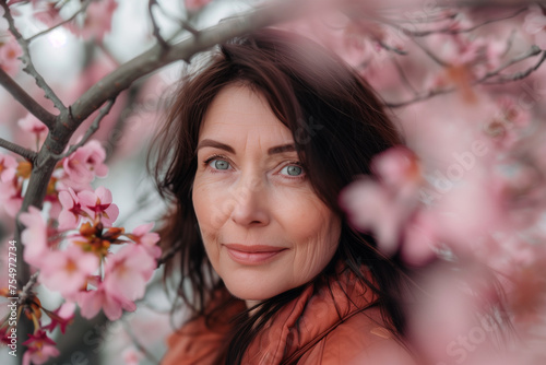 Portrait of a beautiful woman posing in front of a blooming cherry tree