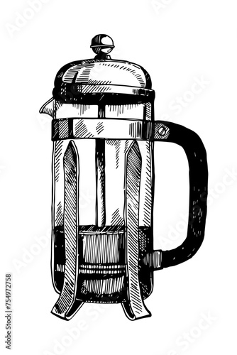 French press hand drawn sketch, vector illustration 