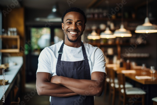 A smiling man in a black apron stands in front of a restaurant with a white apro