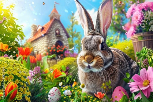 Bunny in front of a fairy tale cottage - An enchanting rabbit poses in a magical garden with vibrant flowers and Easter eggs, a fairy tale cottage in the background photo
