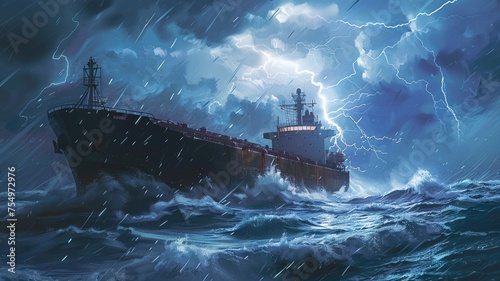Cargo ship battling fierce storm - A dramatic scene depicts a cargo ship braving a violent ocean storm, highlighting the dangerous nature of sea voyages