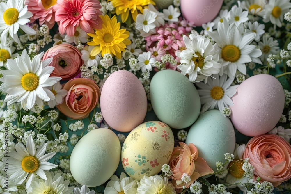 Colorful Easter eggs among spring flowers - A vibrant display of pastel Easter eggs nestled in a lively arrangement of spring flowers, symbolizing renewal and joy