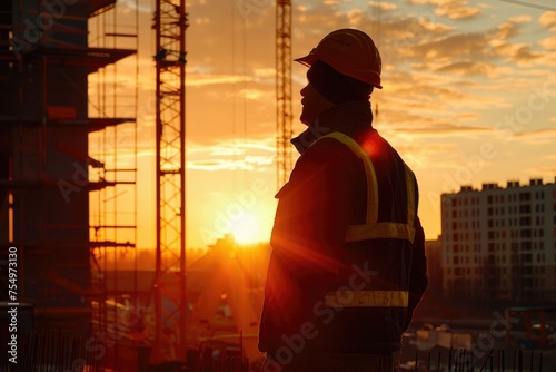 Construction worker at sunrise on a site - Silhouette of a construction worker with reflective vest against the sunrise on an urban building site © Mickey