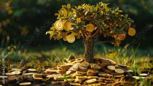 Cryptocurrency growth symbolized by tree - A lush tree laden with cryptocurrency coins represents the growth and prosperity in the digital currency market