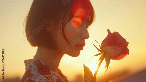 a close up of a person with a flower in front of a setting sun with a rose in the foreground. photo