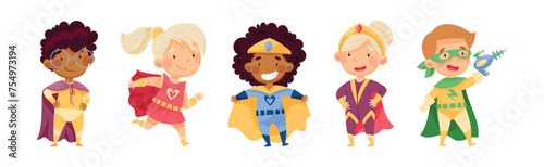 Cute Kid Superhero in Costume Have Super Power Vector Set