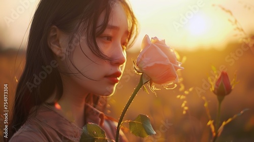 a woman is standing in a field with a rose in her hand and the sun shining through the clouds behind her. photo