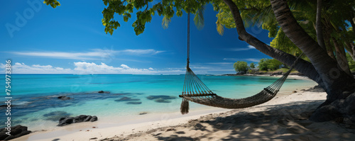 Swinging bed hanging from a palm tree in tropical paradise next to a turquiose calm sea with no person around. Generative AI