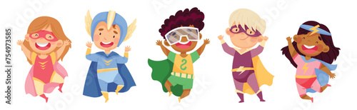 Cute Kid Superhero in Costume Have Super Power Vector Set