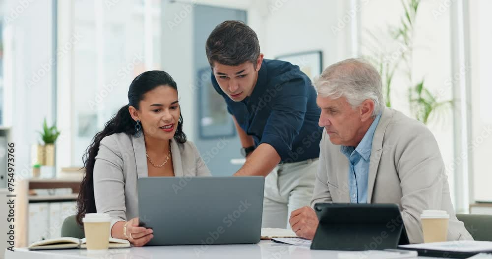 Business people, planning and group with a laptop, cooperation and brainstorming for a project launch. Staff, manager or employees with computer and teamwork with email or opportunity with discussion Business people, planning and group with a laptop, cooperation and brainstorming for a project launch. Staff, manager or employees with computer and teamwork with email or opportunity with discussion