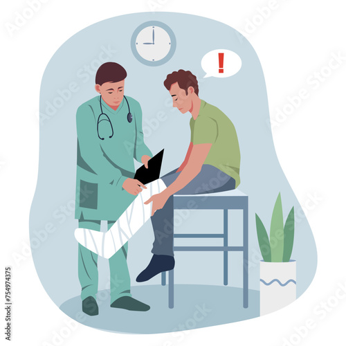 Surgeon in teal robe holding clipboard, touch male patient leg in cast. Hospital indoor interior. Routine work. Concept of healthcare, provision of medical care. Vector illustration