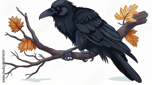 Large raven or crow sitting on tree branch Black
