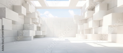 A white room filled with light from a skylight above  featuring a minimalist design with concrete cubes and large windows that provide a bright and airy atmosphere.