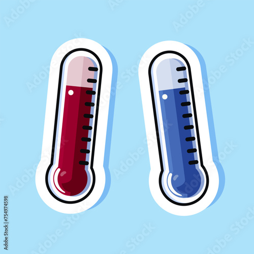 Red and blue thermometer icon. Cute cartoon design. Celsius and fahrenheit temperature measurement. Hot, warm medical instrument. Isolated on white blue background. Vector illustration