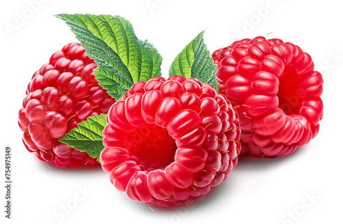 Three ripe bright raspberries with a leaf, isolated on a transparent background.