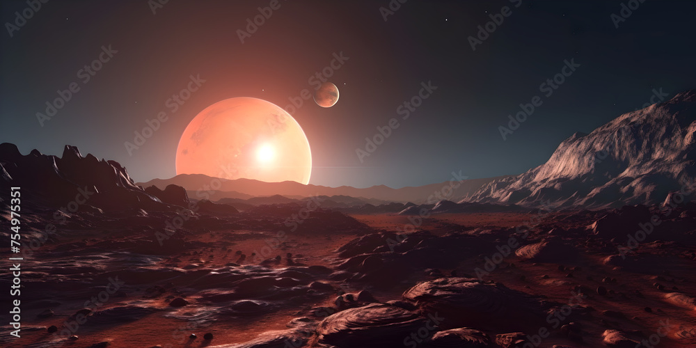 Space landscape illustration. View of space from a distant planet.	
