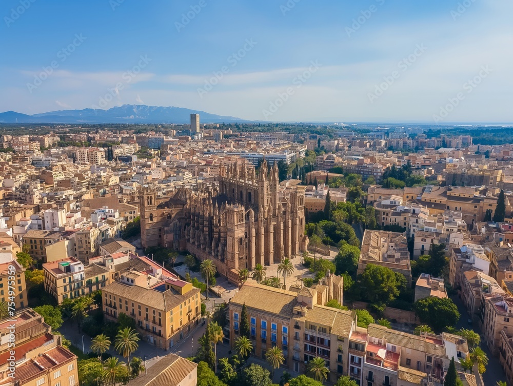 Stunning aerial view of Palma de Mallorca, showcasing its historic architecture and vibrant cityscape under a soft, golden light.