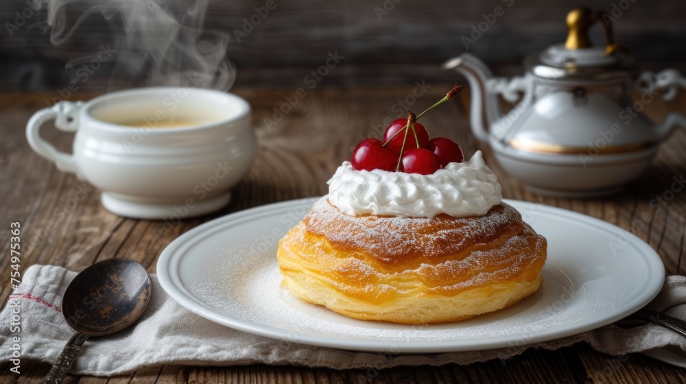 a pastry topped with whipped cream and cherries on a plate next to a cup of tea and a tea kettle. a pastry topped with whipped cream and cherries on a plate next to a cup of tea and a tea kettle.