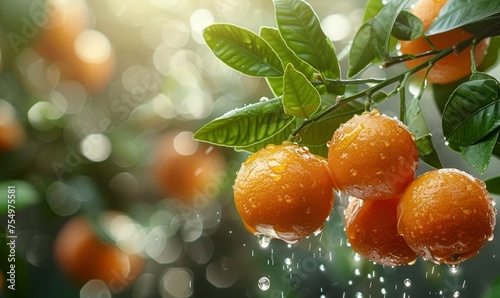 beautiful fresh ripe oranges hanging on a tree in garden