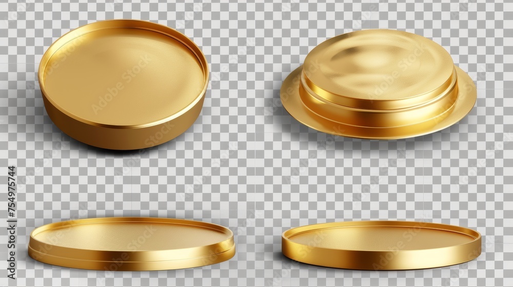 Gold round podium, luxurious platform for winners or product shows, shown from different angles. Golden circular stage, stand for exhibition isolated on transparent background, modern 3D.