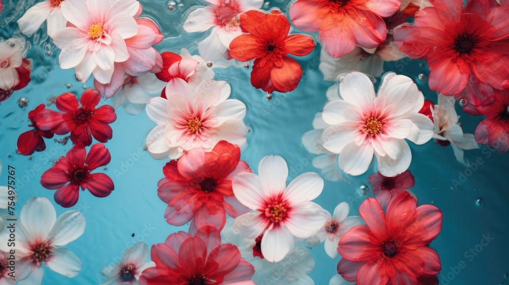 Beautiful delicate flowers on a background of blue water. The texture of the water. Small waves, ripples on the water. Background for Women's Day, Valentine's Day. Beautiful delicate flowers on a background of blue water. The texture of the water. Small waves, ripples on the water. Background for Women's Day, Valentine's Day.