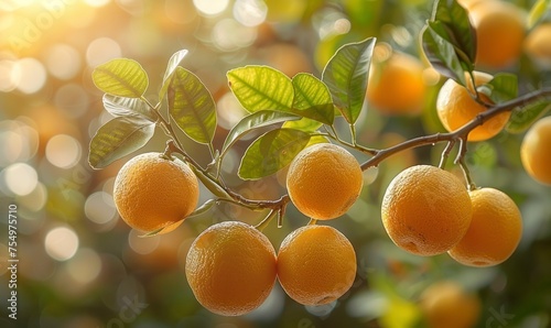 beautiful fresh ripe oranges hanging on a tree in garden