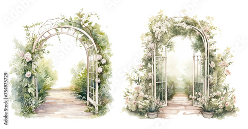 Fototapeta Naklejka Na Ścianę i Meble -  Romantic watercolor archway entrances with flowers