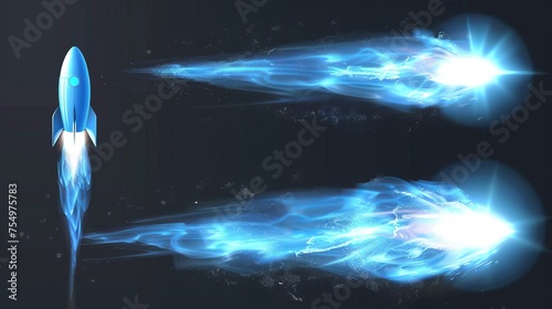 A jetpack, sky rocket and shuttle launch scenes, isolated on transparent background. Comet or meteor trails. Spaceships or planes taking off. Detailed 3D modern illustration. photo