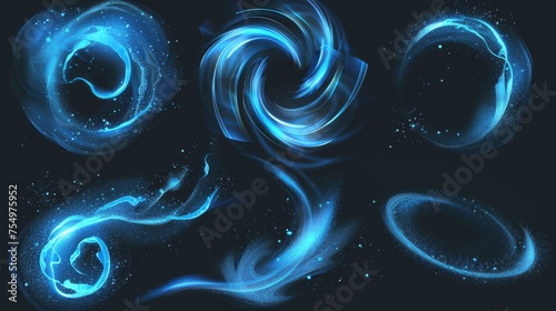 An abstract blue swirls with a tornado wind effect isolated on a transparent background. Modern realistic set of magic air vortex with light twirls.