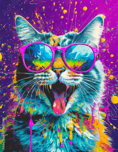 Vibrant pop art style portrait of a cat wearing sunglasses with mouth open and paint splattering effect © Adrianna