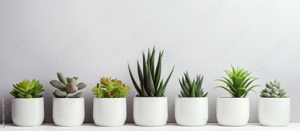 A row of various succulent plants in pots are neatly arranged on top of a table, adding a touch of greenery to the indoor space. The plants sit on a white shelf, creating a minimalist and modern look. A row of various succulent plants in pots are neatly arranged on top of a table, adding a touch of greenery to the indoor space. The plants sit on a white shelf, creating a minimalist and modern look.