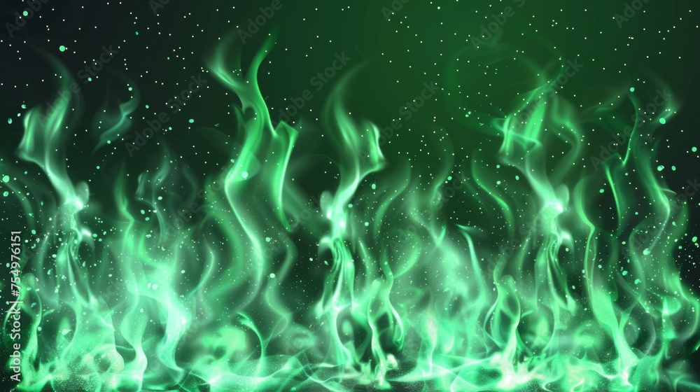 An overlay effect of green fire sparks on a transparent background, with ember particles flying around. Realistic modern illustration. Abstract burning campfire, magic glow, energy with random embers