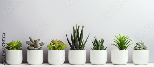 A row of various succulent plants in pots are neatly arranged on top of a table, adding a touch of greenery to the indoor space. The plants sit on a white shelf, creating a minimalist and modern look.
