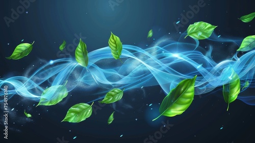 Blue atmosphere and green leaves with glow waves and swirls, wand trails, fresh menthol breath on transparent background. Realistic modern illustration in 3D.