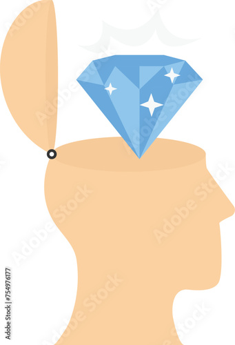Head and diamond, excellence concept, self esteem and confidence, talent or potential, big head with diamond filling, vector flat illustration